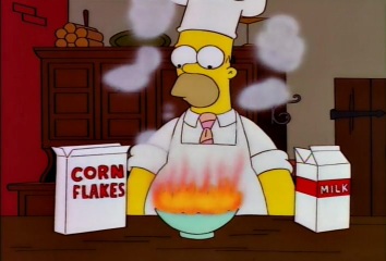 Homer copiando mi receta de cereales flambeados.